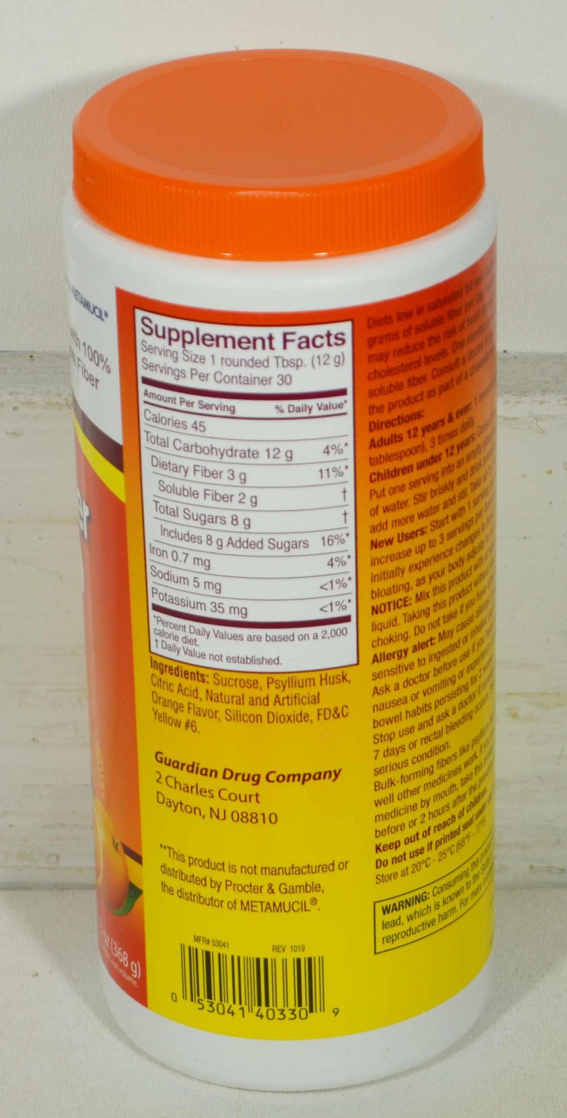 GUARDIAN Fiber Powder Orange Flavor Psyllium Husk Dietary Supplement 30 Servings