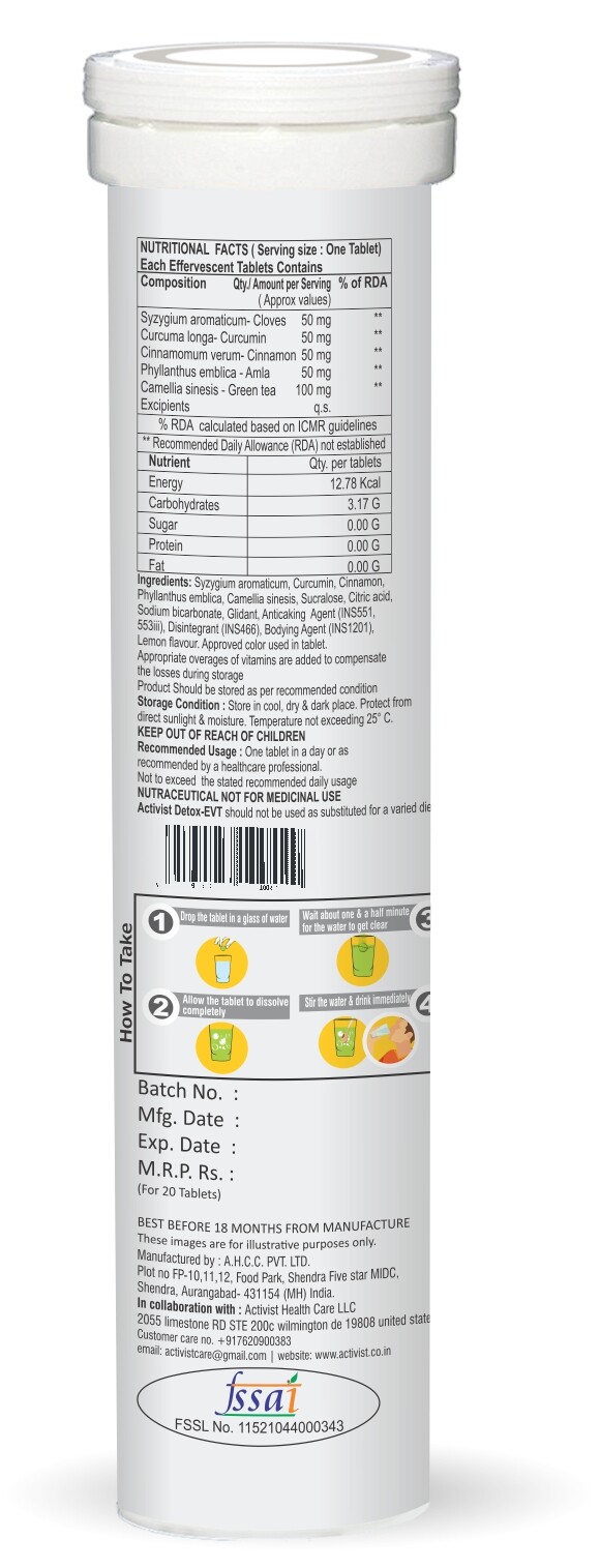 Activist Detox Effervescent Cloves, Curcumin, Cinnamon, Amla & Green Tea -40 Tab