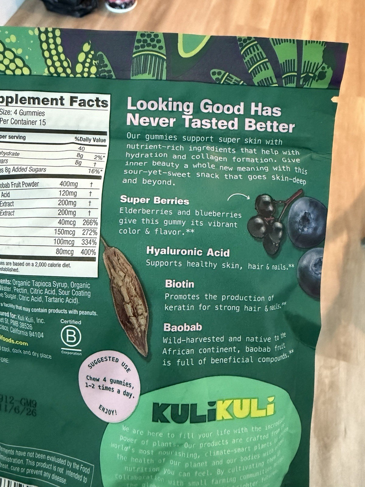 Kuli Kuli Hyaluronic Acid Biotin Baobab Gummies 60ct Sour Berry