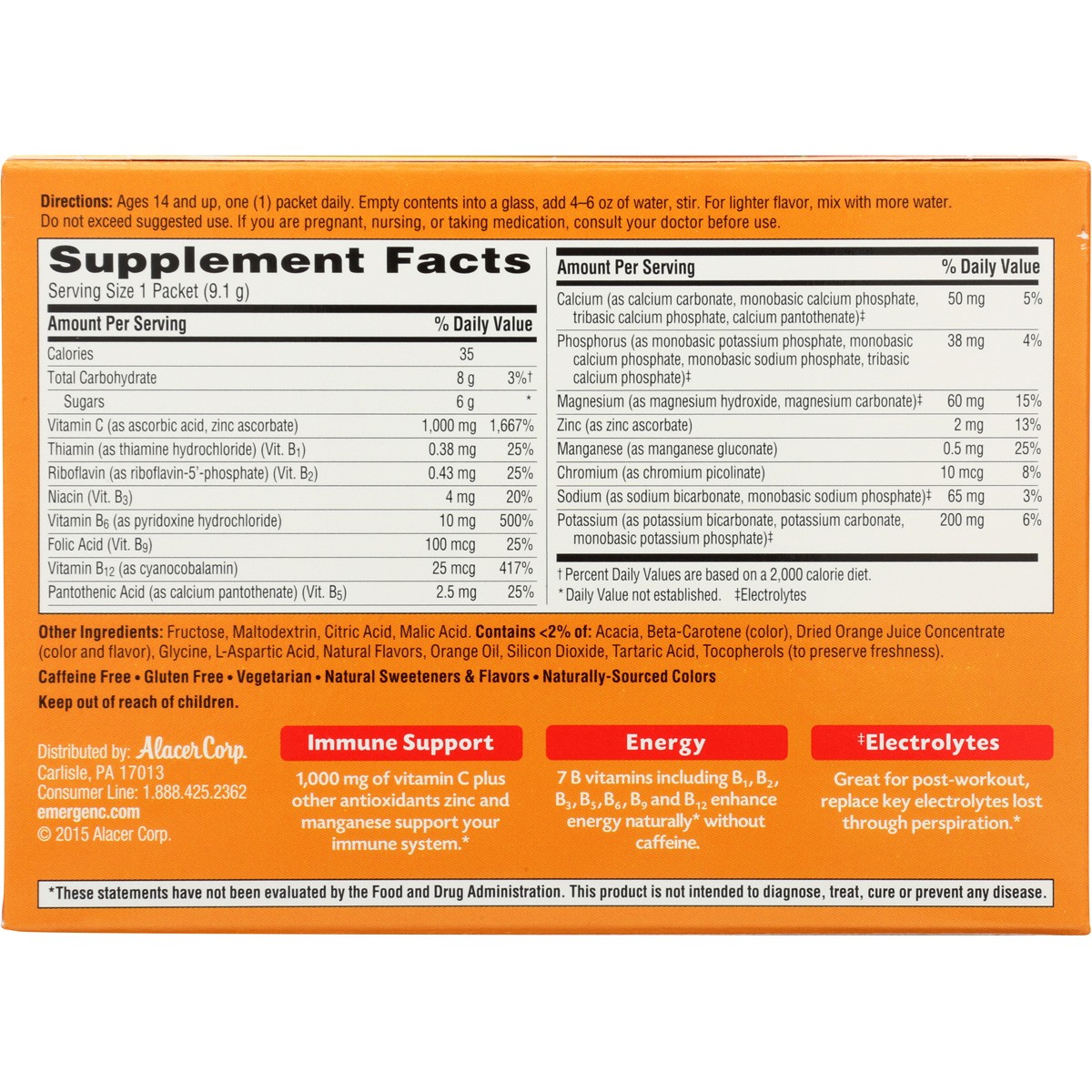 Emergen-C Dietary Supplement Vitamin C 30 Count Super Orange Ct 3 Pack