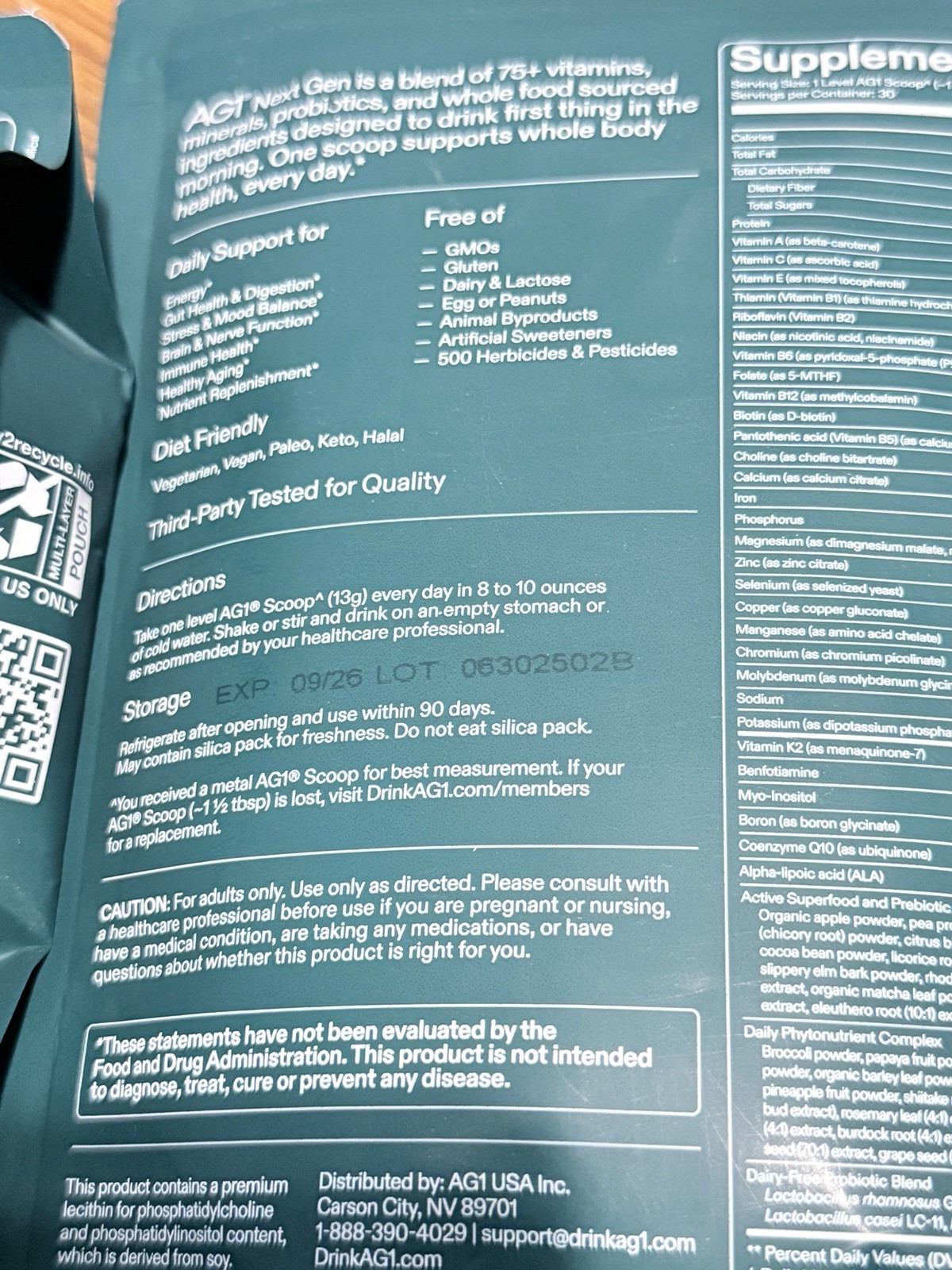 AG1 Next Gen Foundational Nutrition Powder Unflavored 13.8 oz NSF Sport 09/26