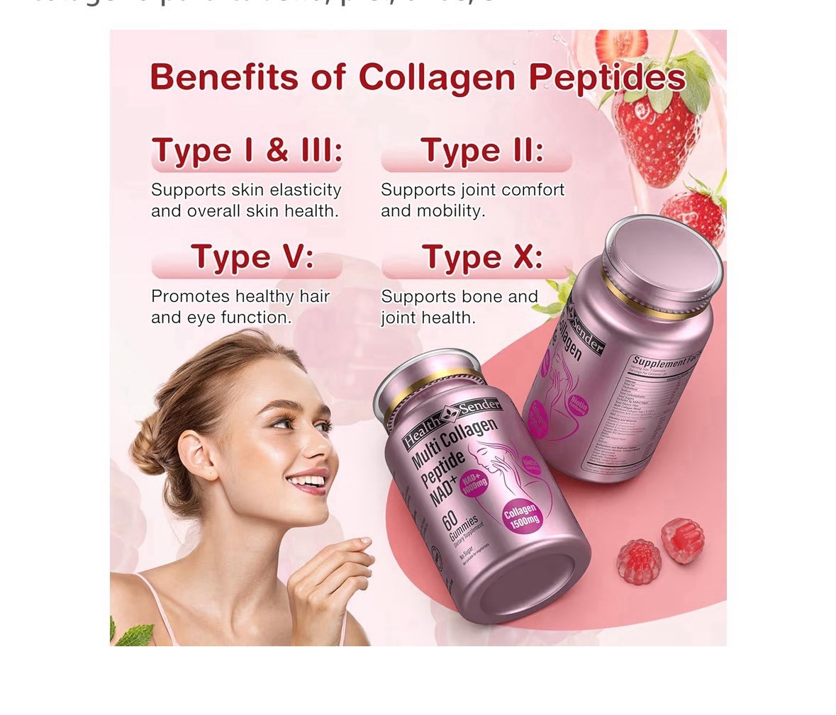 Collagen Gummies 1500mg + NAD Biotin Hair Skin Nails 60ct Pink