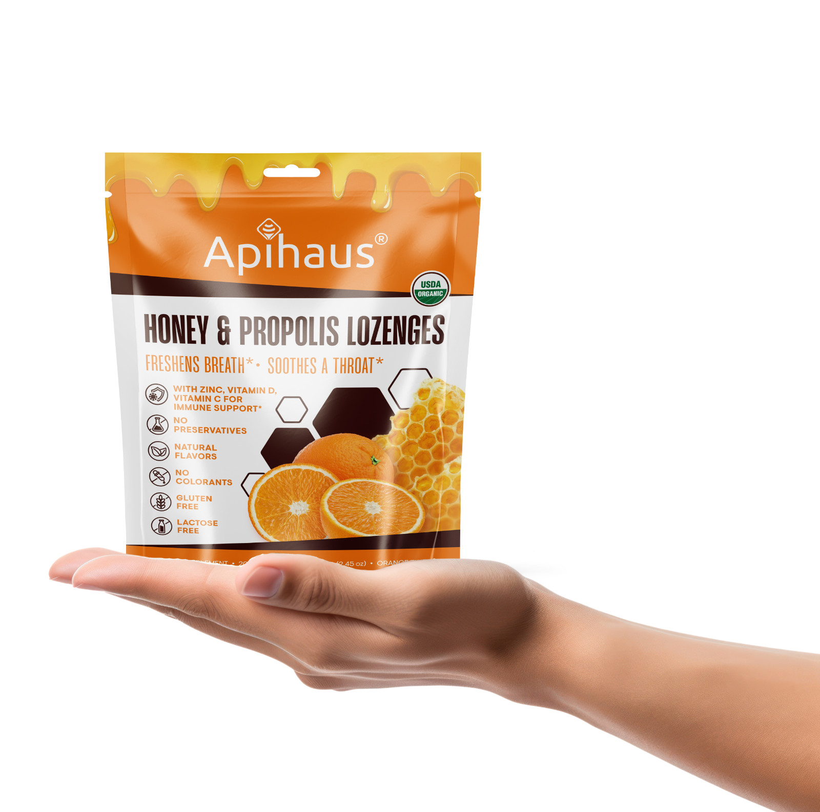 Honey and Propolis Lozenges by Apihaus 20 pcs Orange Flavor