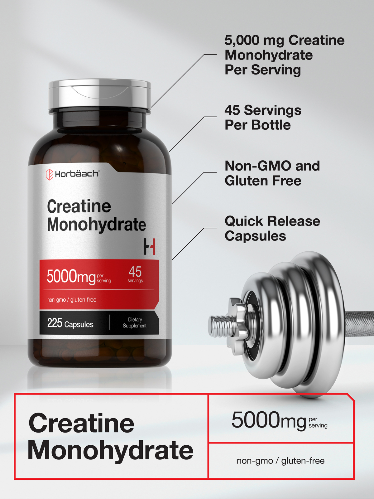 Creatine Monohydrate | 5g | 225 Capsules | Non-GMO, Gluten Free | by Horbaach