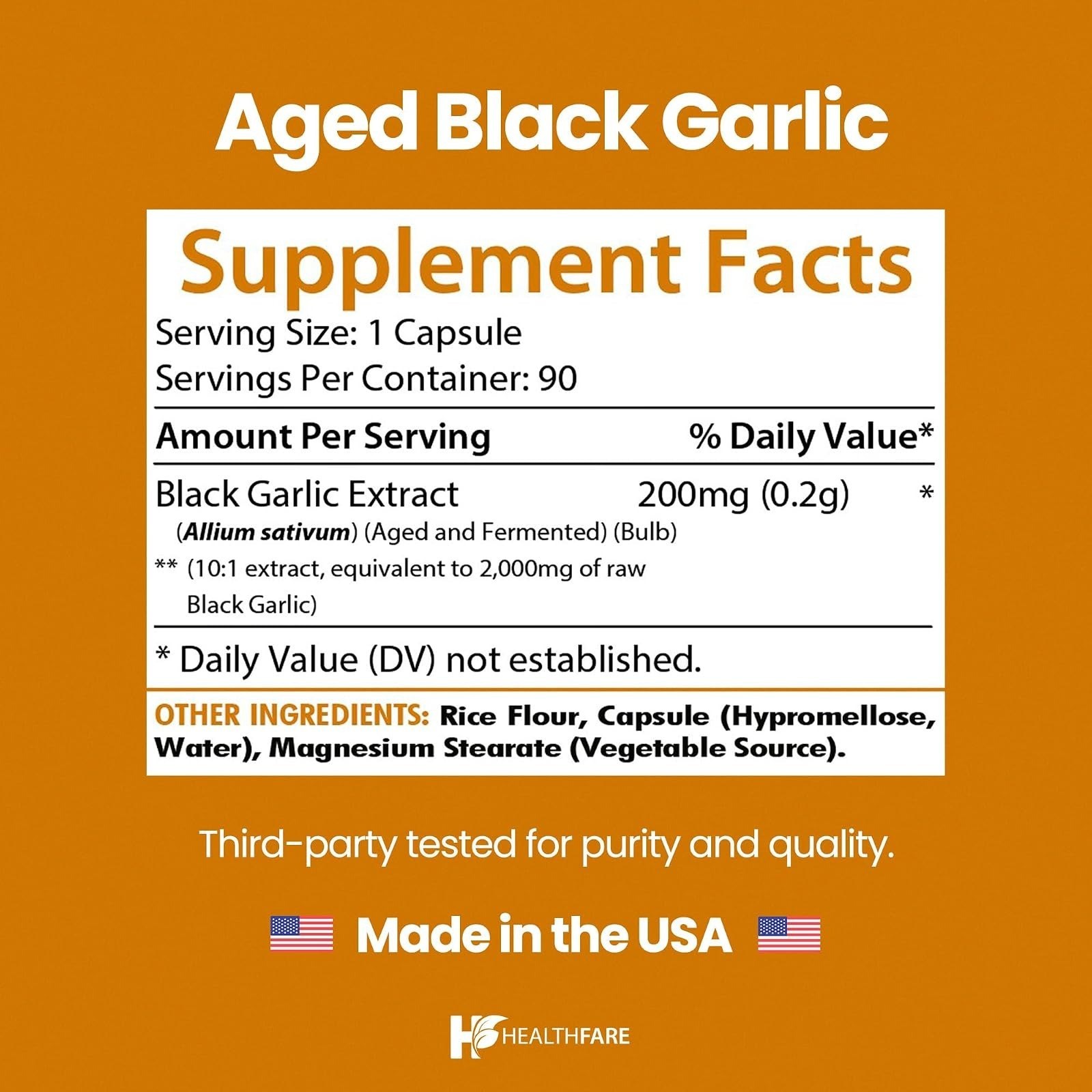 Healthfare Aged Black Garlic Supplement 90 Vegan Capsules Antioxidant