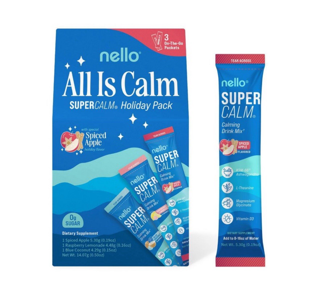 (43 Boxes) nello All Is Calm SUPERCALM Calming Drink Mix Spiced Apple 3 Packets