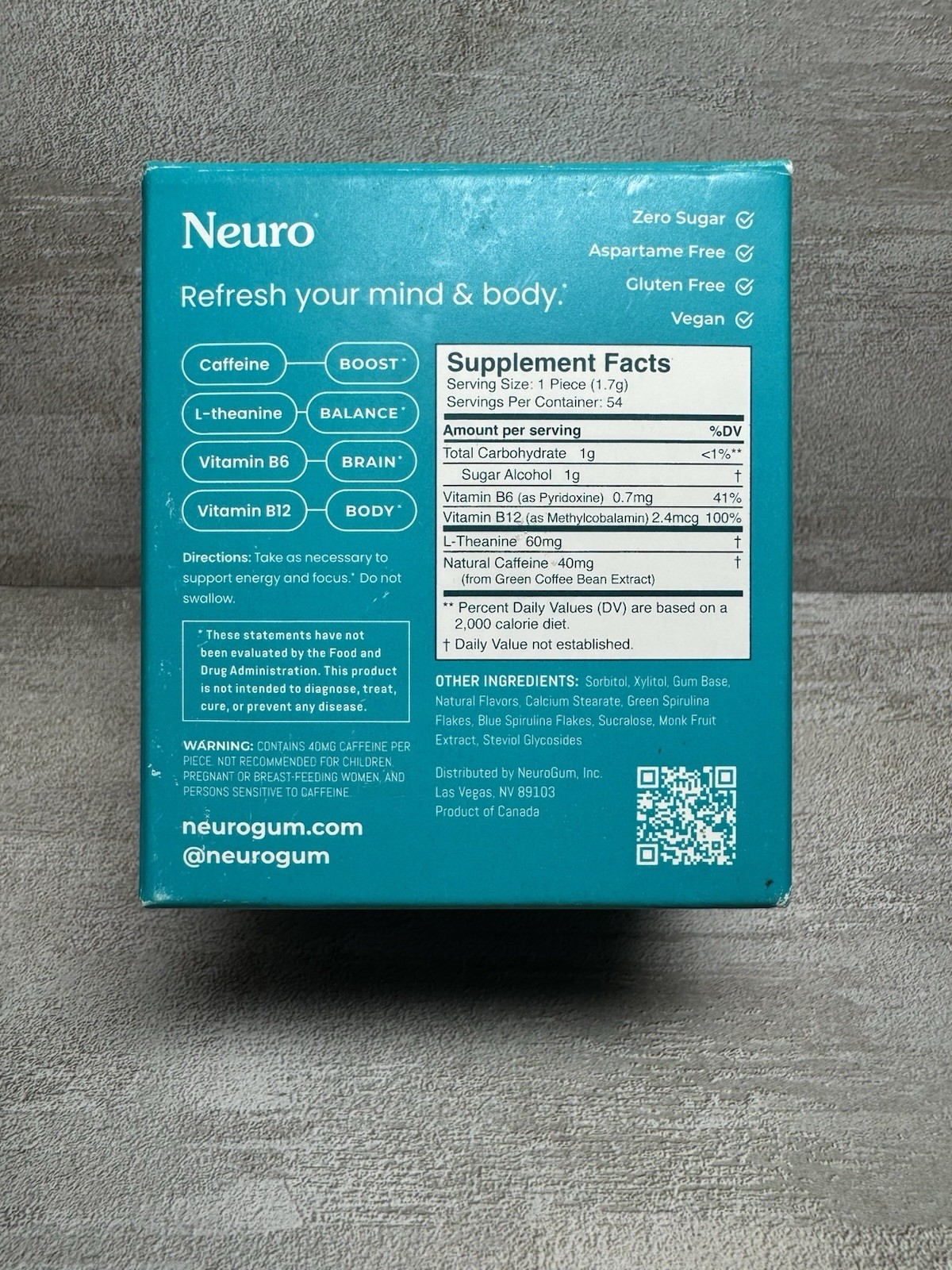 Neuro Energy & Focus Gum Wintergreen 6 Pack Caffeine B6 B12 Exp 12/2026