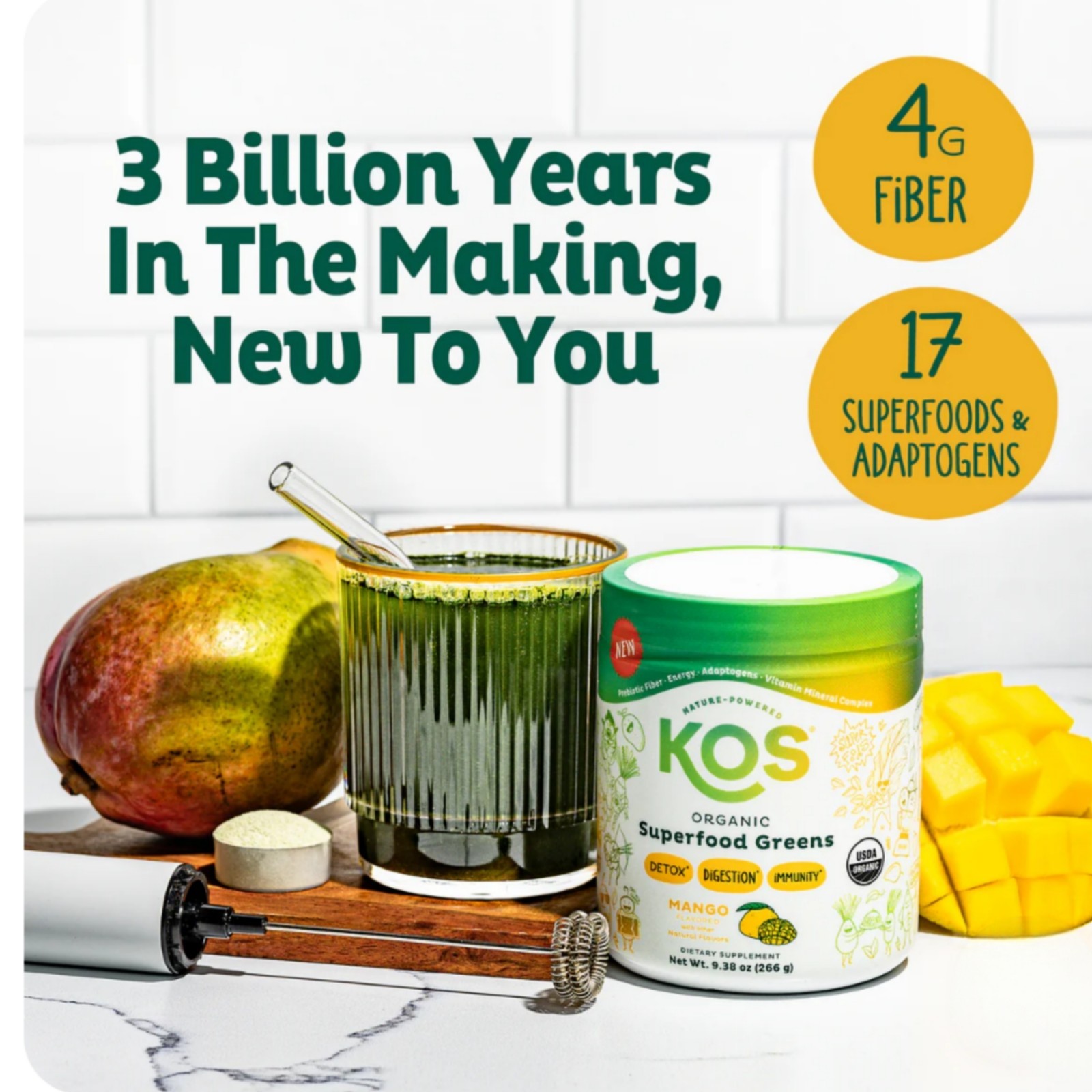 Kos Organic Superfood Greens Mango Flavor 9.38 oz Detox Digestion Immunity