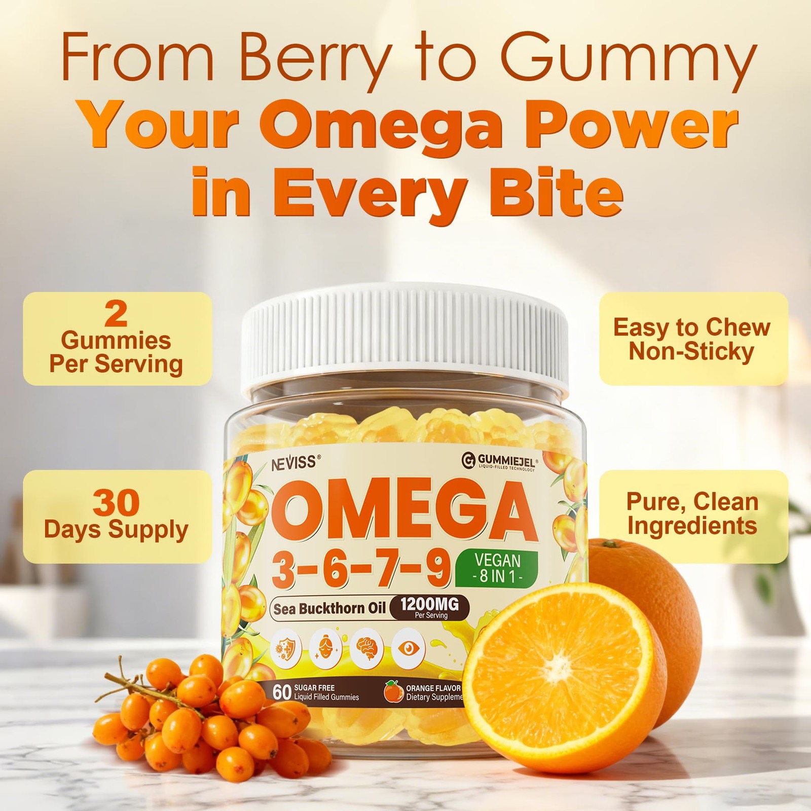 Neviss Omega 3-6-7-9 Gummies Organic Sea Buckthorn Oil Oil 500Mg Vegan Omega 7