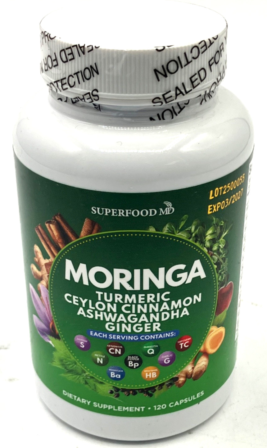 Superfood MD Moringa Supplement Turmeric Ceylon Cinnamon Ashwagandha Ginger 120