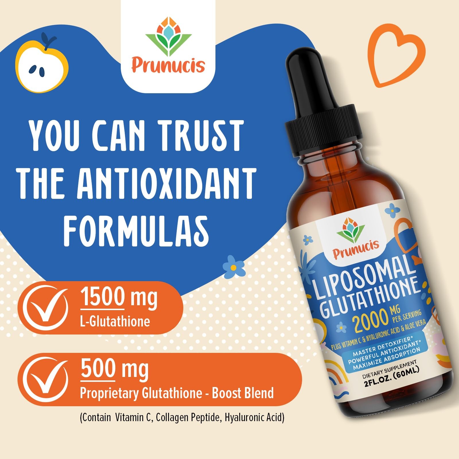 Prunucis 2000MG Liposomal Glutathione Liquid, 98% 2 Fl Oz (Pack of 2)