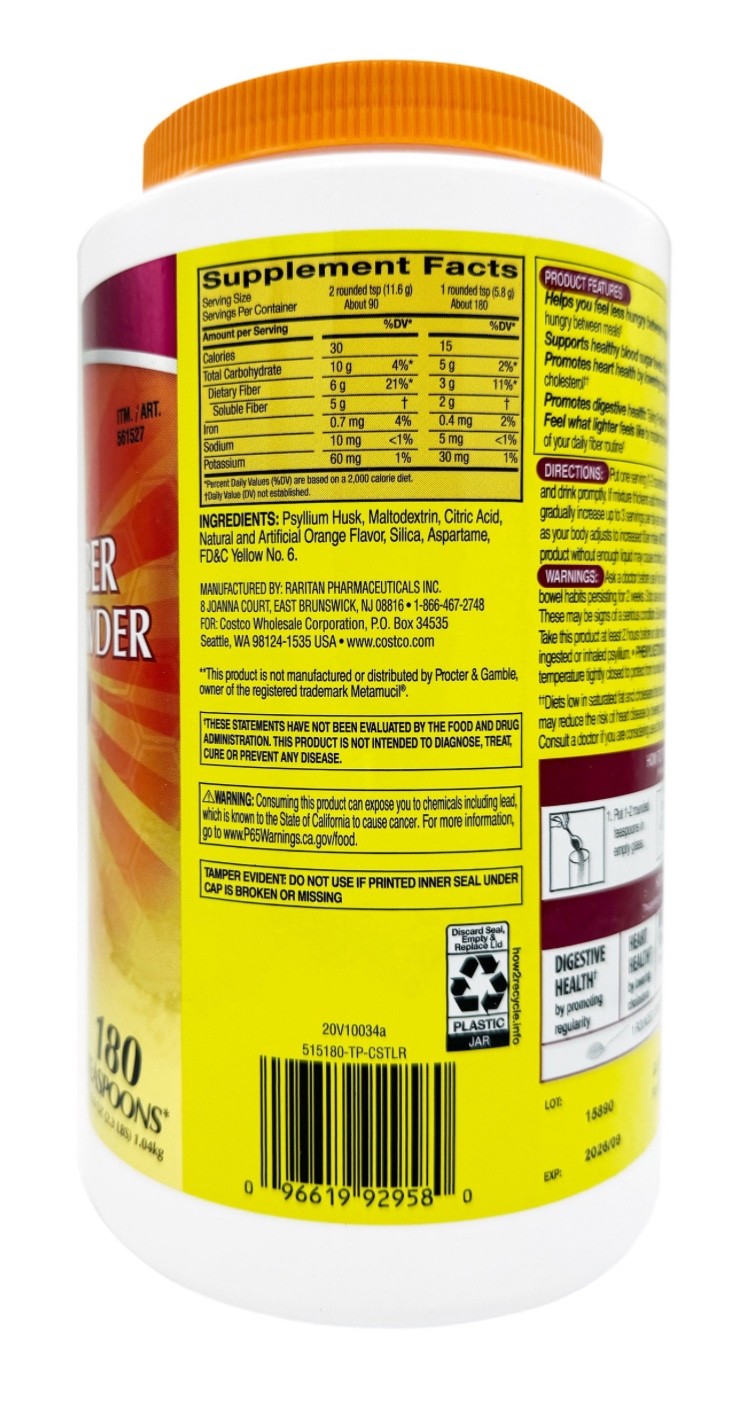 Kirkland Sugar Free Psyllium Fiber Supplement Powder 180 Doses. EXP 02/2028