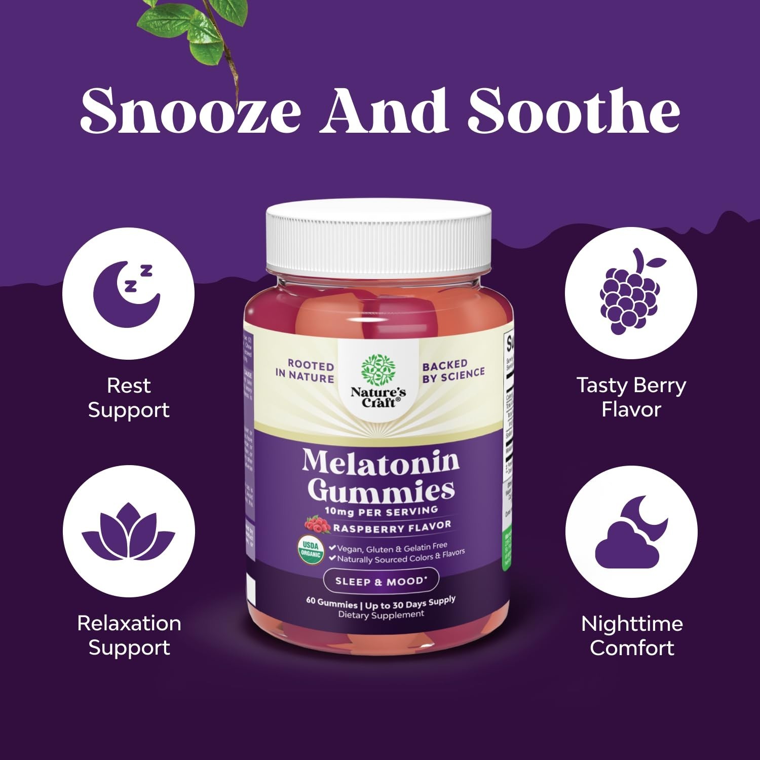 Certified Organic Melatonin Gummies 10mg Per Serving- Fast Acting and Tasty 60ct