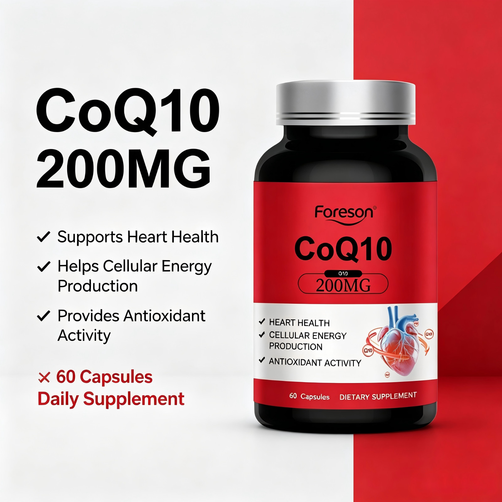 Foreson Coenzyme Q10 Capsules Heart Health Antioxidant Energy Support Supplement