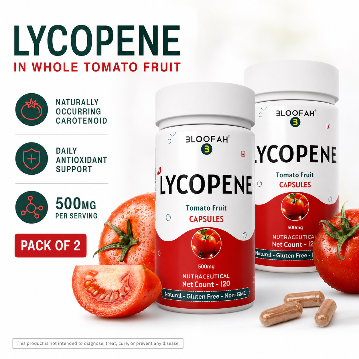 Lycopene 500mg Capsules Tomato Powder Antioxidant Wellness 120 Count Pack 2