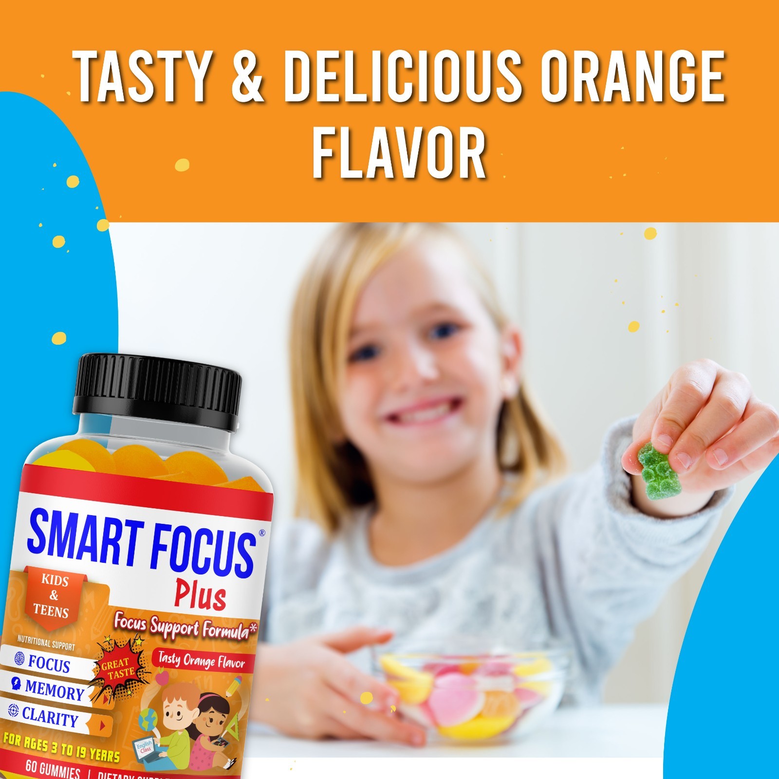 Smart Focus Gummy for Kids & Teens with DHA Omega 3 Brain & Memory Vitamins-60ct