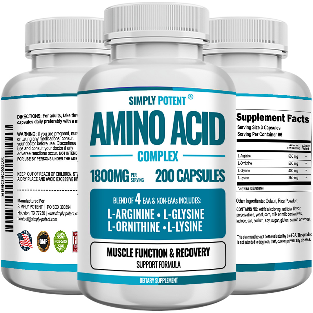 Amino Acid Complex 1800mg 200 Capsules, L-Arginine L-Glysine L-Lysine L-Ornithin