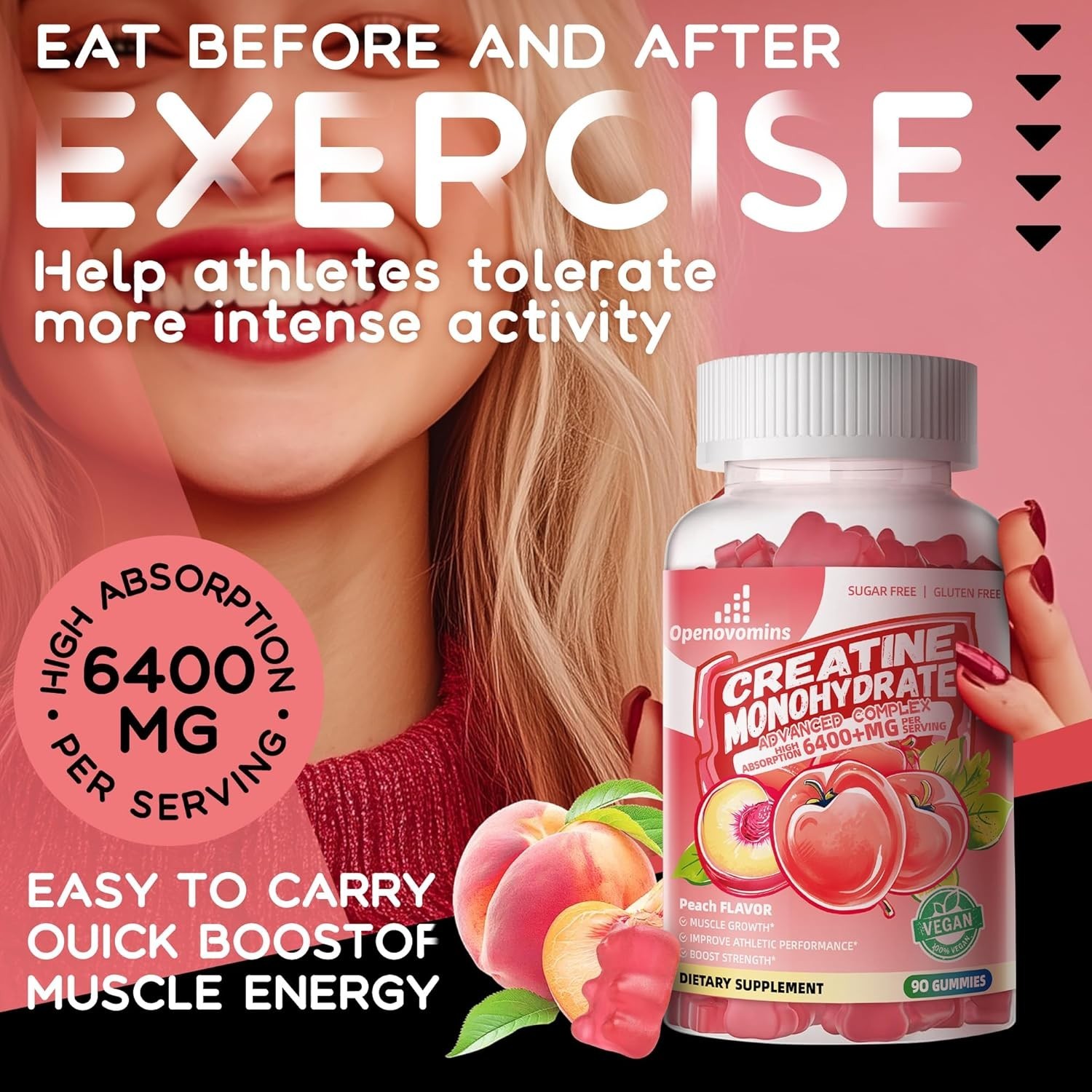 Openovomins Creatine Monohydrate Complex Gummies, Peach, 6400mg 90CT 10/27