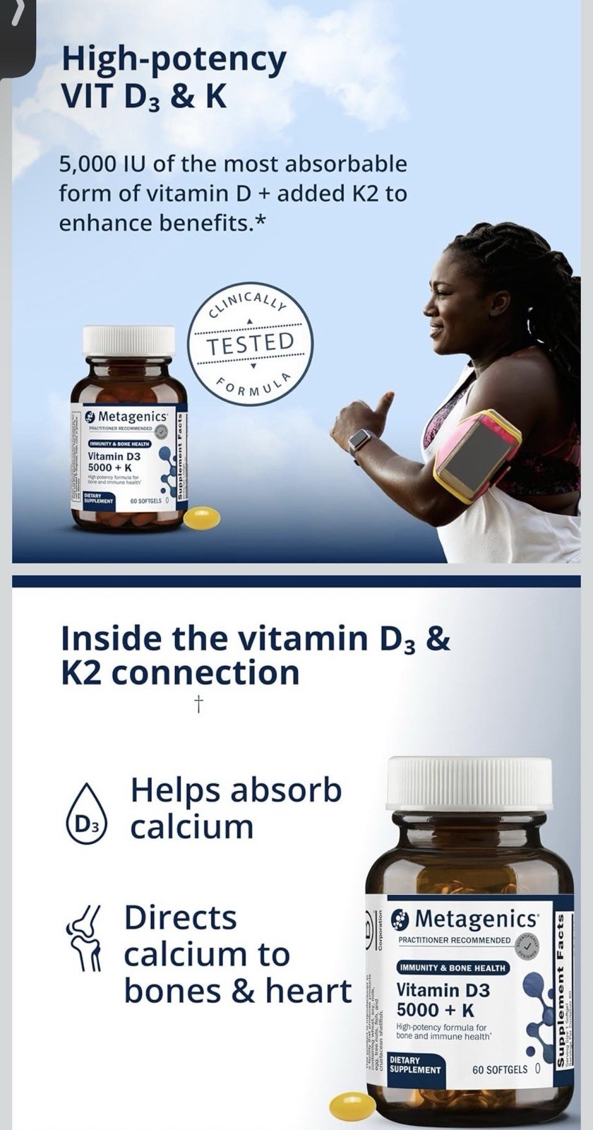 Metagenics Vitamin D3 5000 IU + K 60 Softgels Non-GMO Gluten-Free Dairy-Free