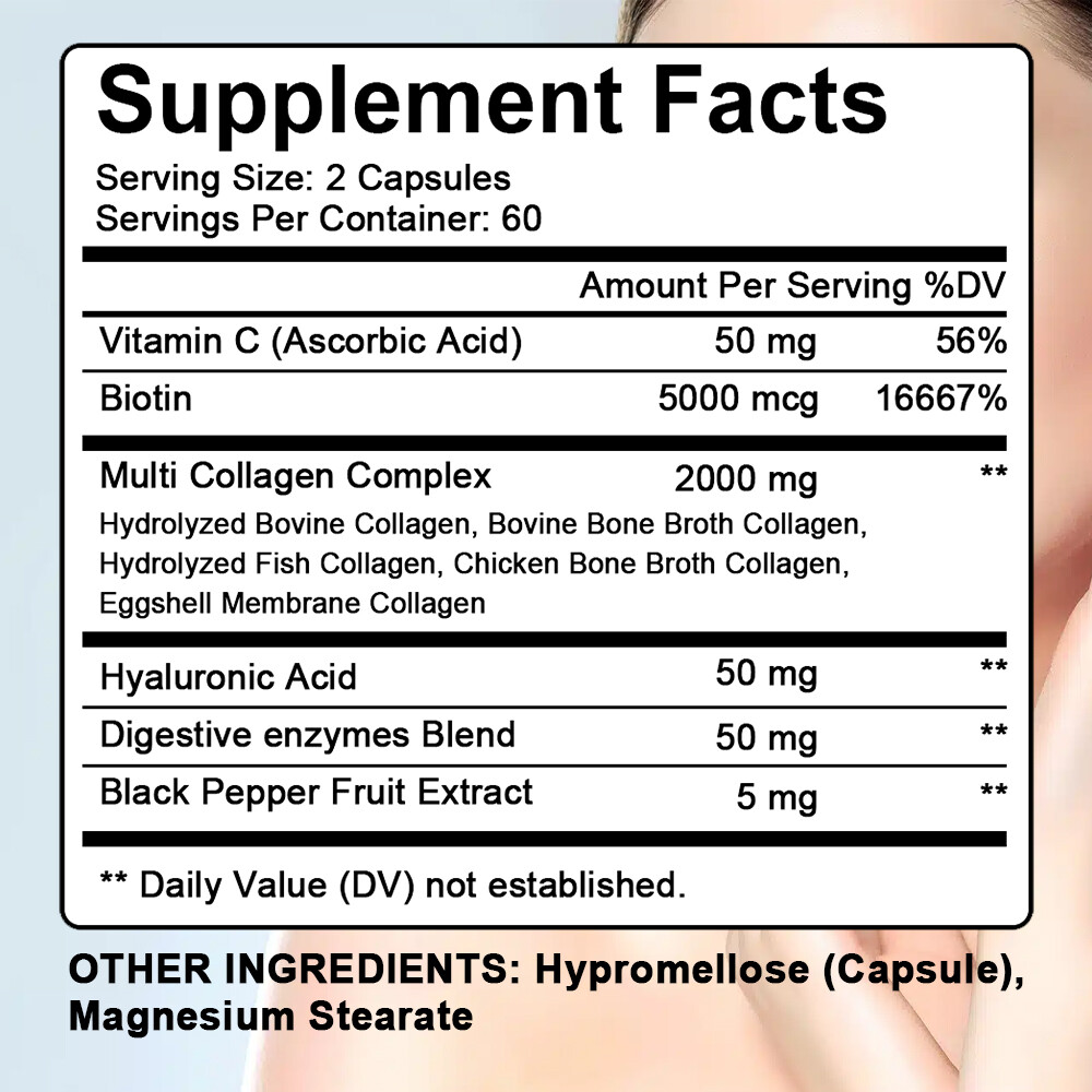 Multi Collagen Peptides 2000mg,Hydrolyzed Protein Peptides (Type I,II,III,V,X)