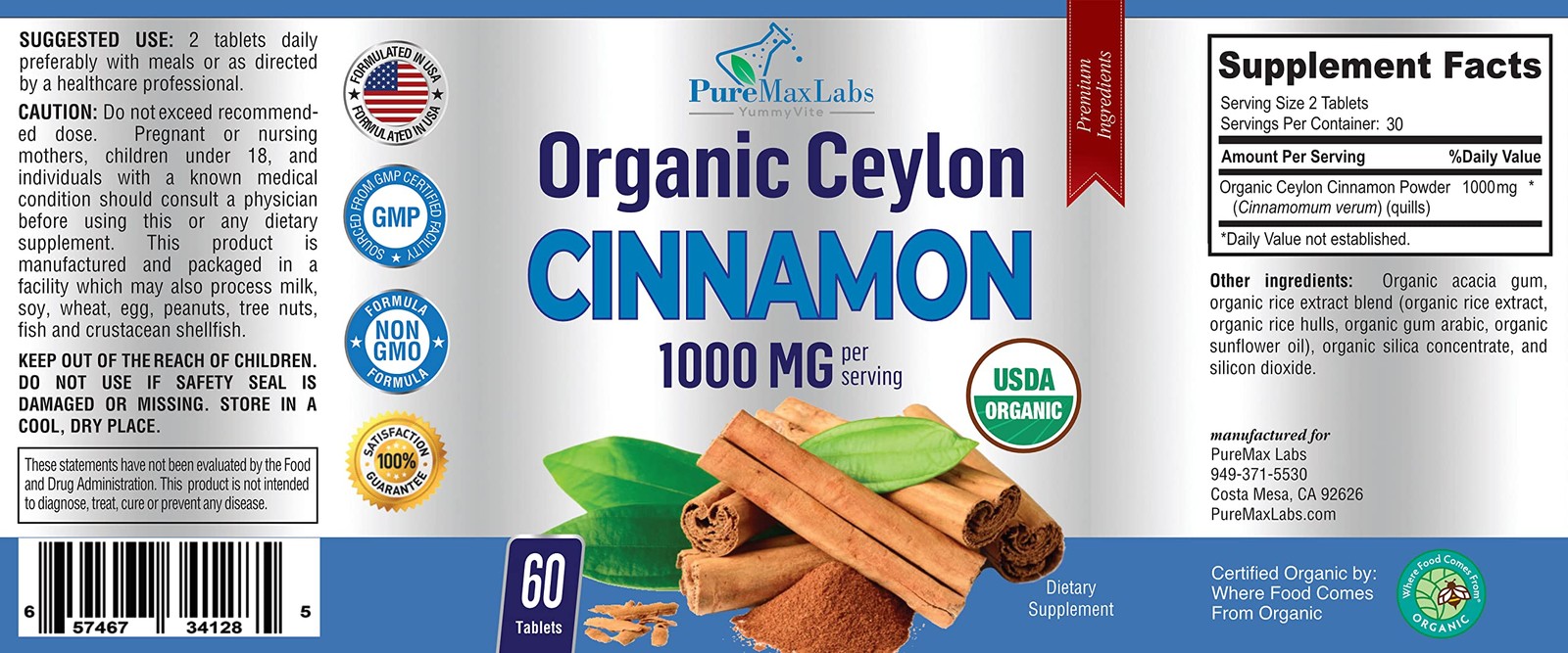 Organic Ceylon Cinnamon – 1000mg per Serving, 60 Count (Pack of 1)
