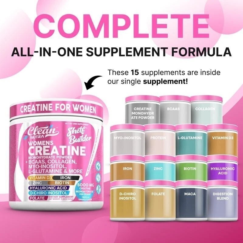 Women’s Creatine Powder w-BCAAs, Collagen, Inositol – Clean Nutra Shelf Builder-