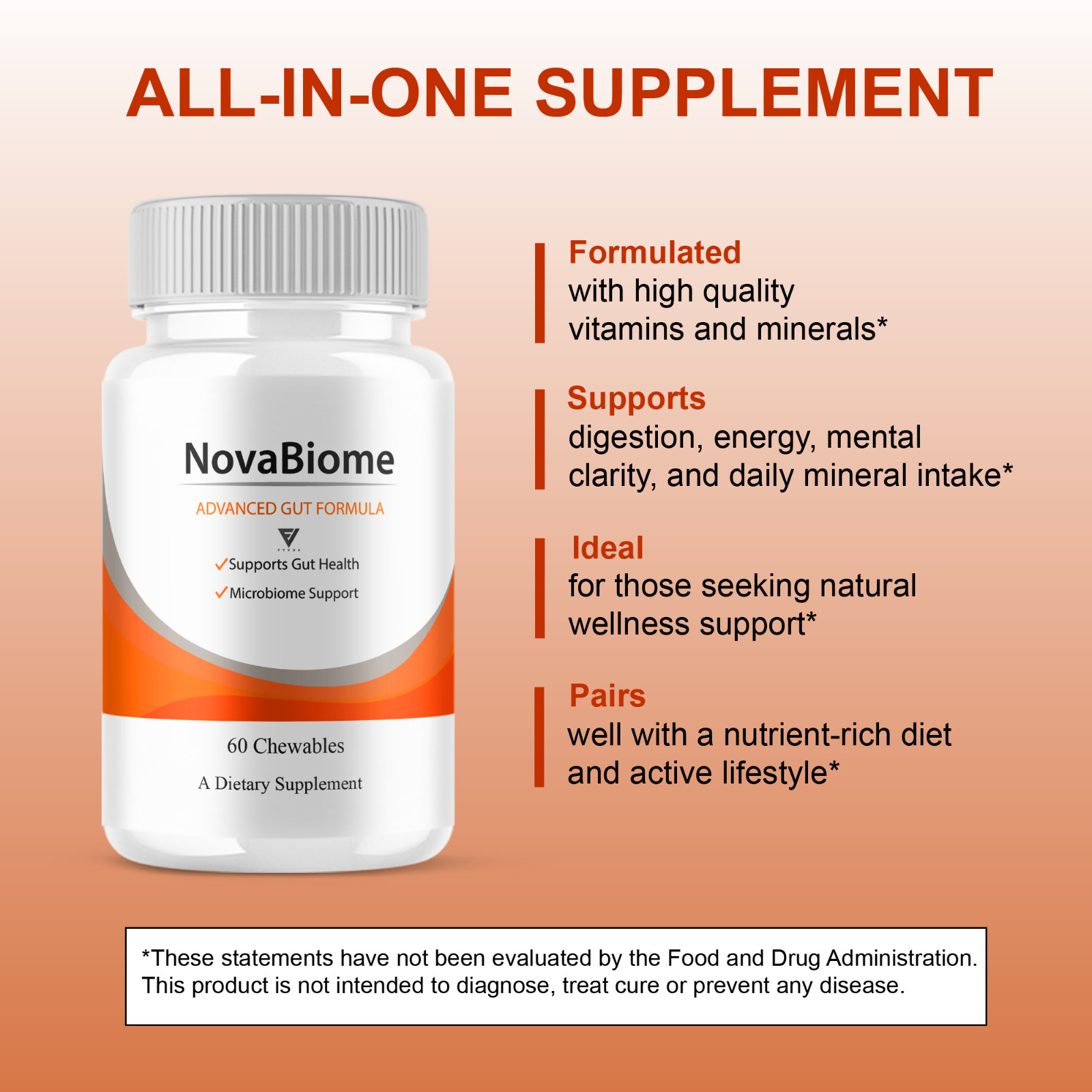 NovaBiome Advanced Gut Formula, Nova Biom Daily Support (60 Chewables)
