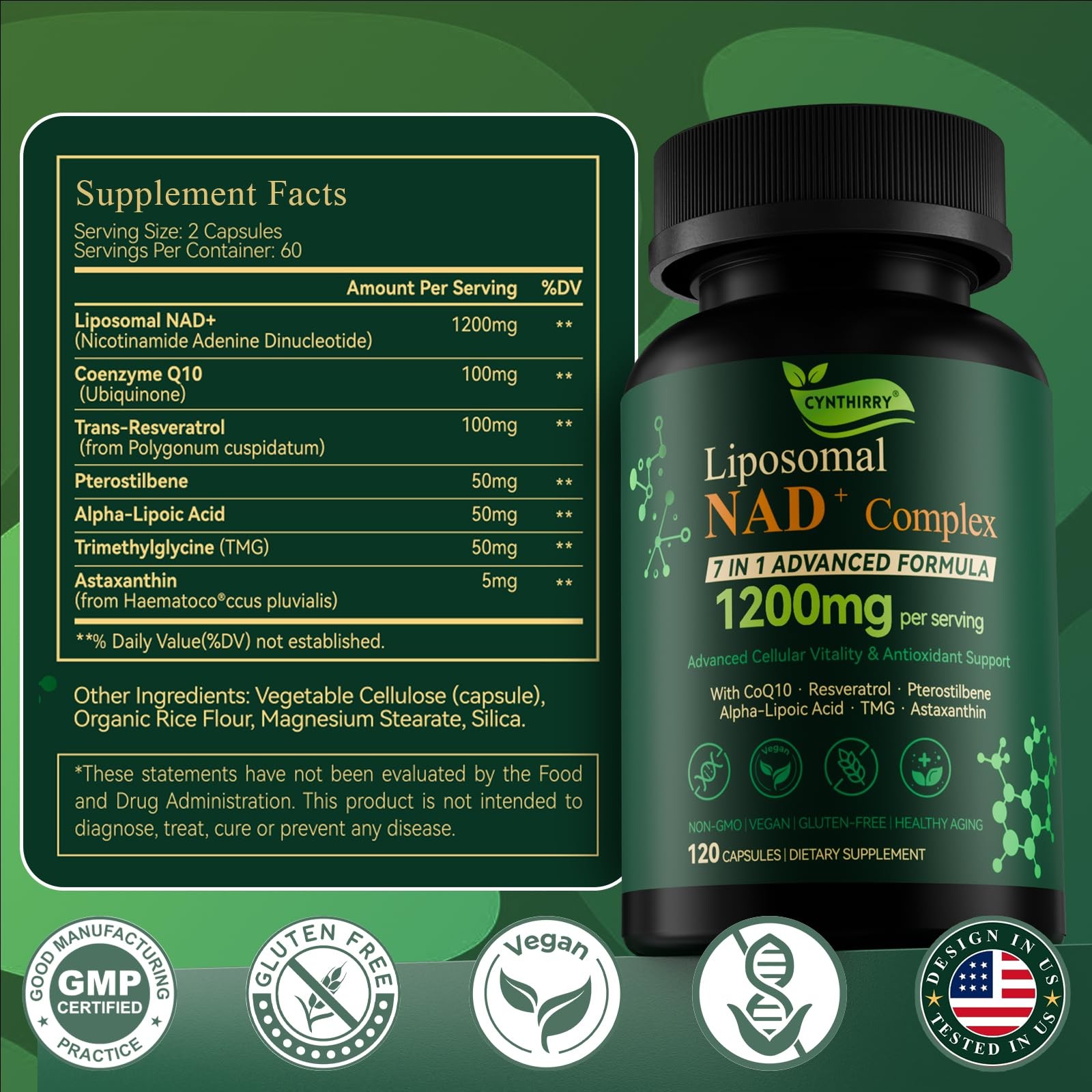 Cynthirry Liposomal NAD+ Supplement with Resveratrol, 120 Count (Pack of 1)