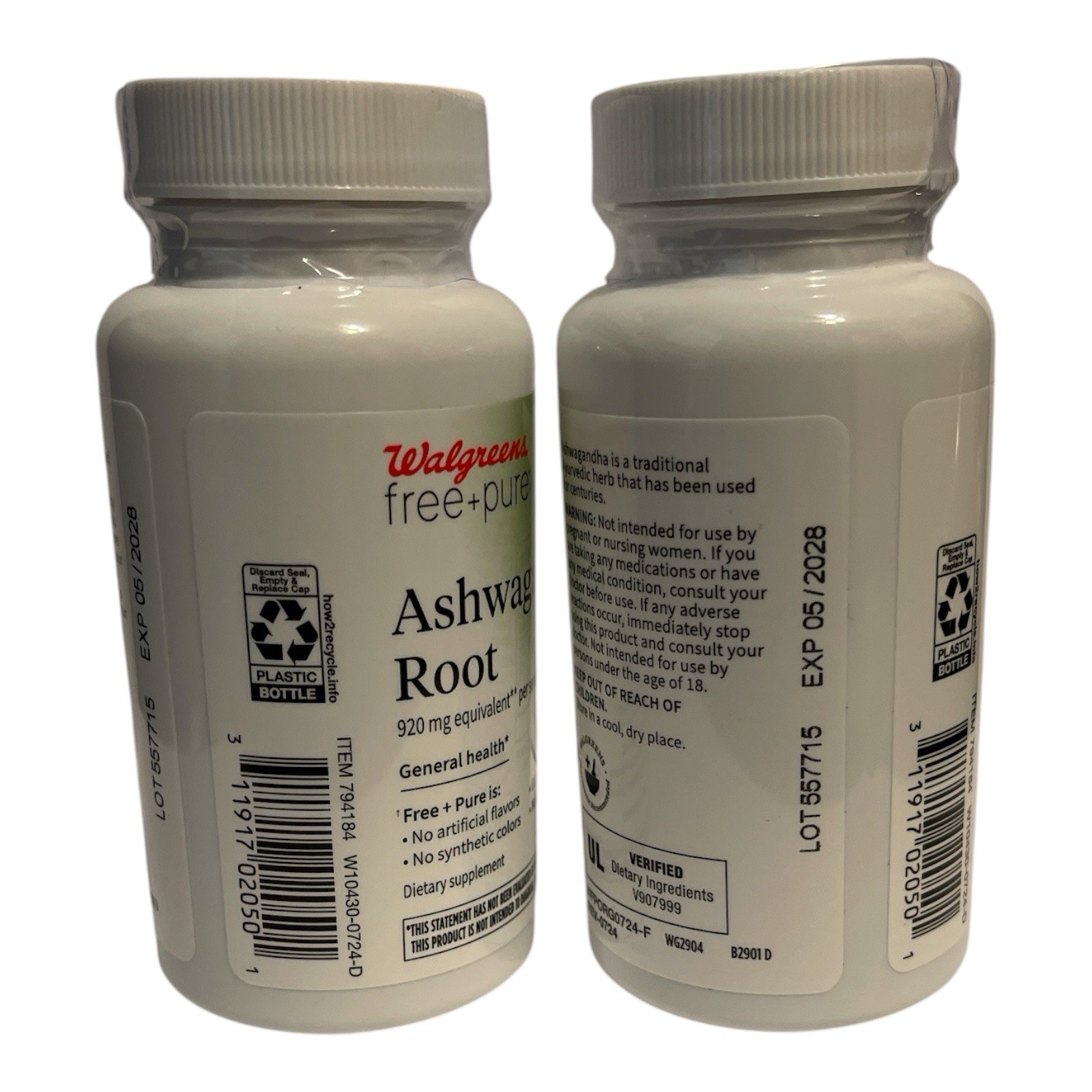 2 Walgreens Free + Pure Ashwagandha Root 100 Ct Exp 05/2028
