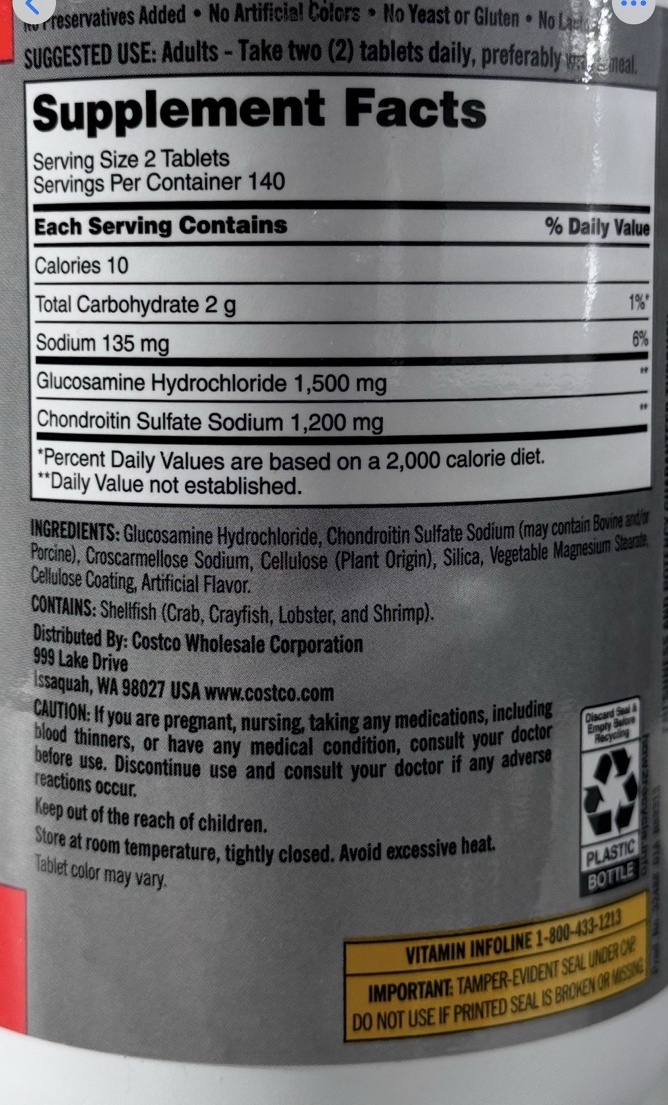 Kirkland Signature Glucosamine 1500mg Chondroitin 1200mg 280 Tablets NEW