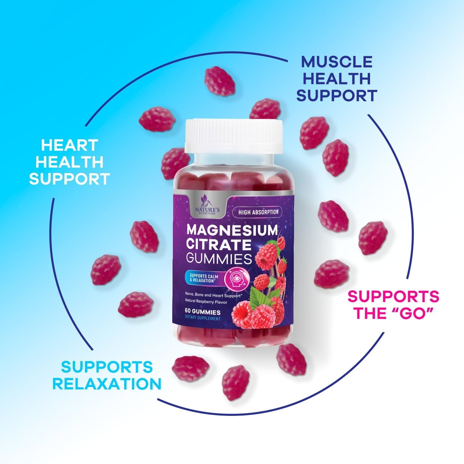 Nature’s Nutrition Magnesium Citrate Gummies 60 Count Raspberry Flavor