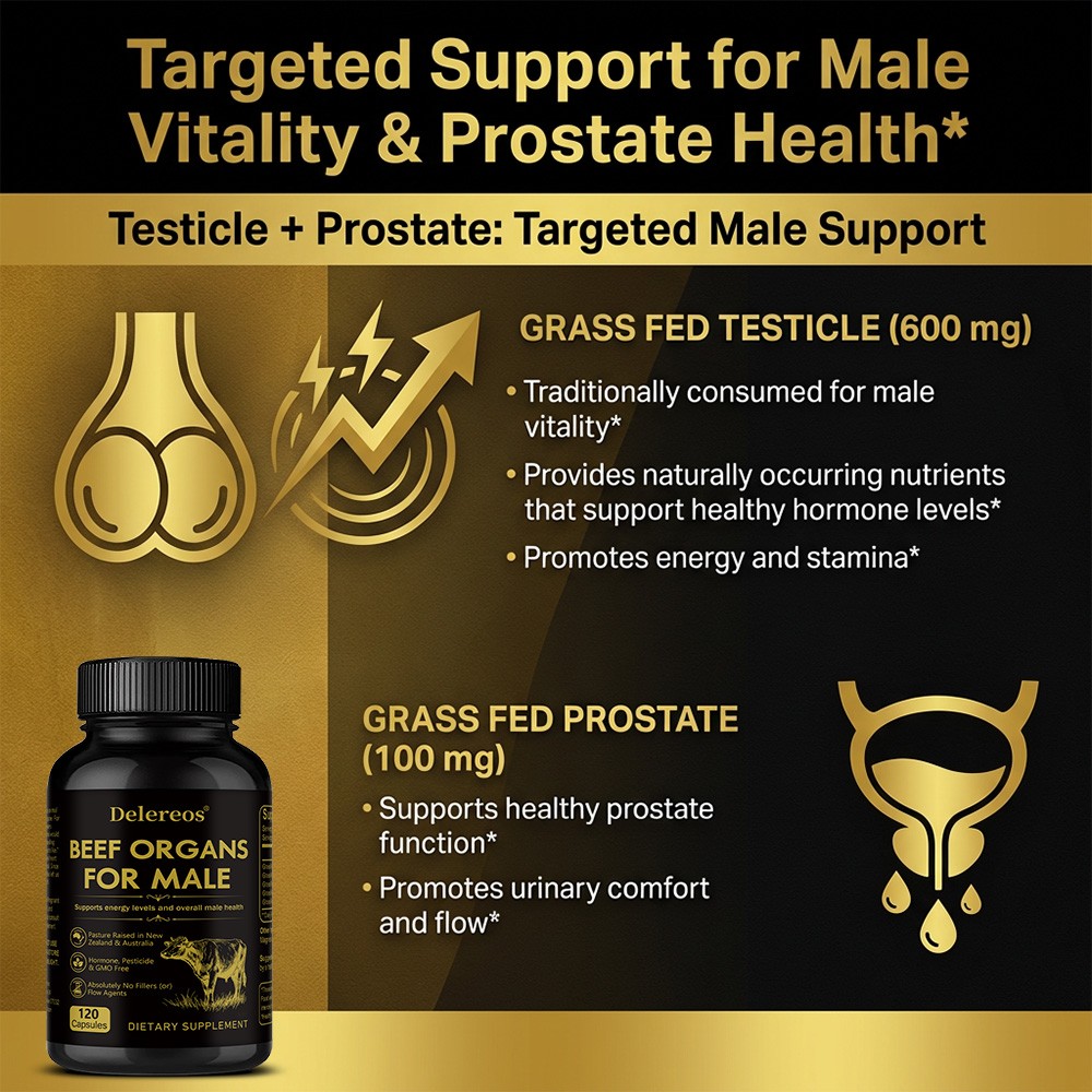 Delereos Grass-Fed Beef Organs Supplement for Men, 30/60/120 Caps, 60-Day Supply