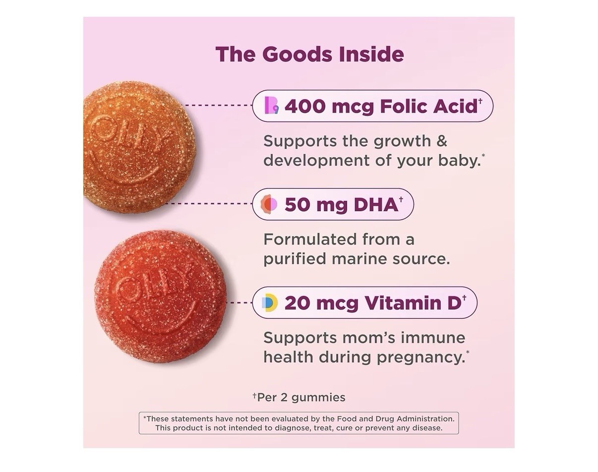 OLLY Essential Prenatal Gummies Folic Acid + DHA Sweet Citrus 60 Gluten Free