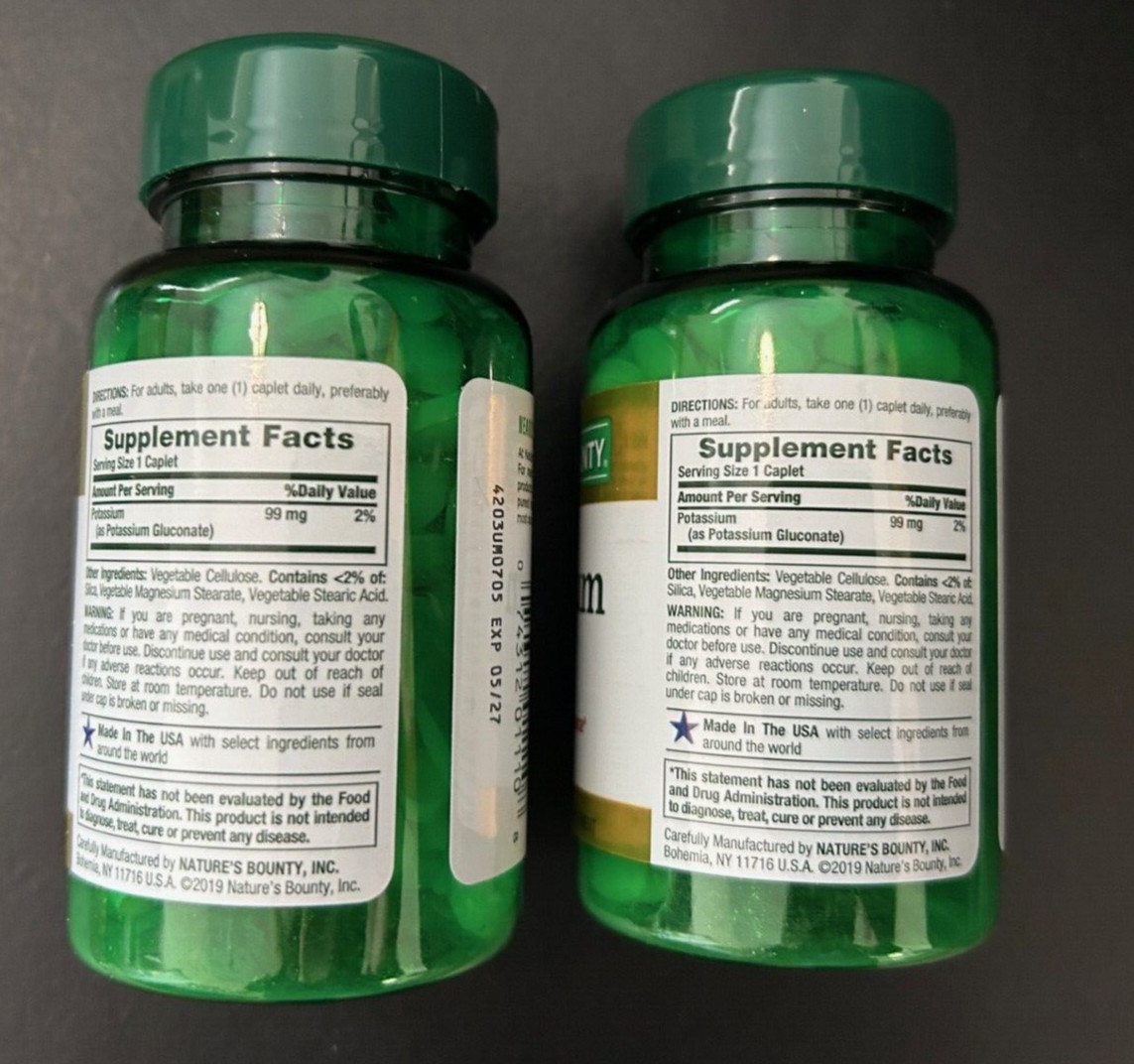 2 Pack Nature’s Bounty Potassium 99 mg 200 Caplets Total Exp 5/2027