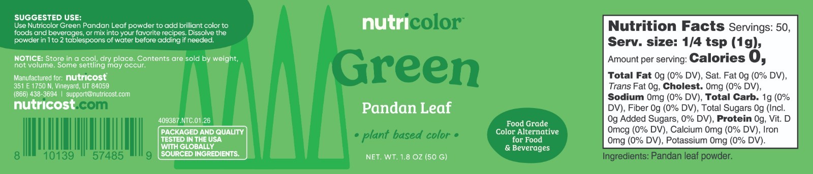 Nutricost Green Plant Based Food Coloring From Pandan Leaf Powder
