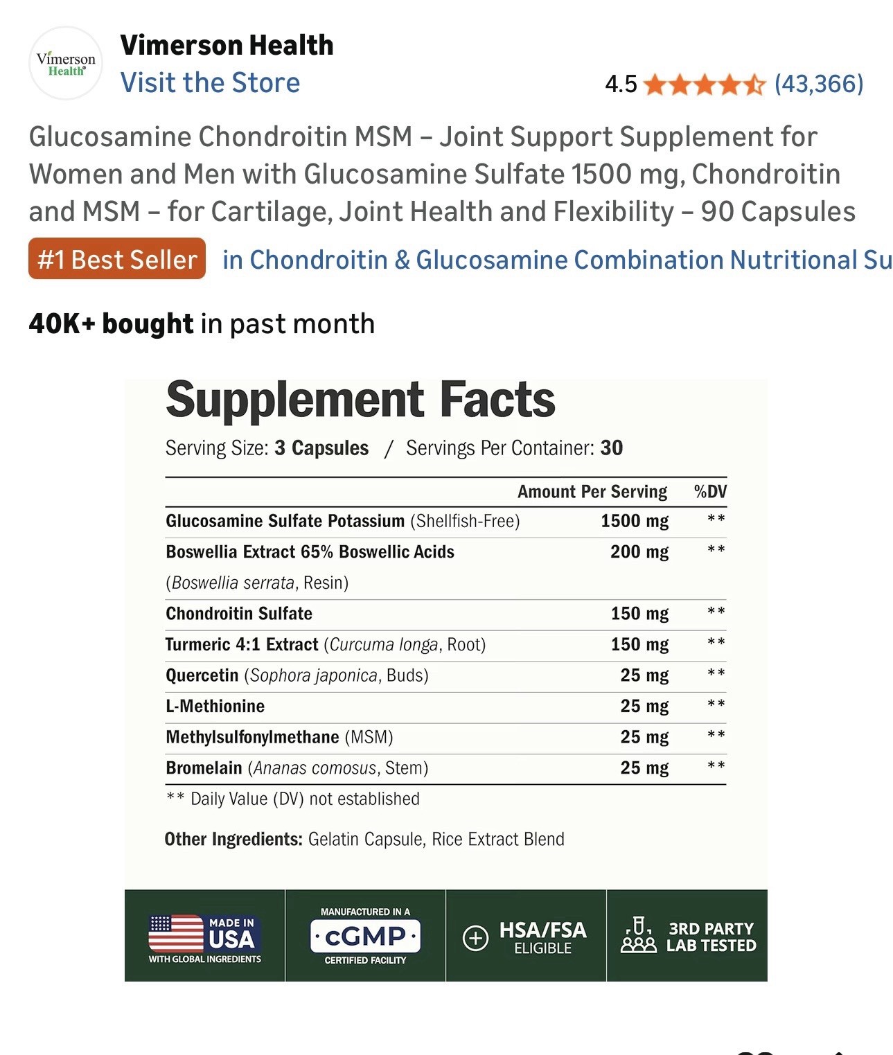 Vimerson Health Glucosamine Chondroitin MSM Turmeric 90 Capsules
