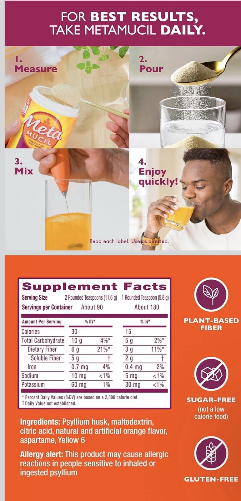 Metamucil 4-in-1 Fiber Psyllium Husk Powder Sugar-Free Orange 36.8oz