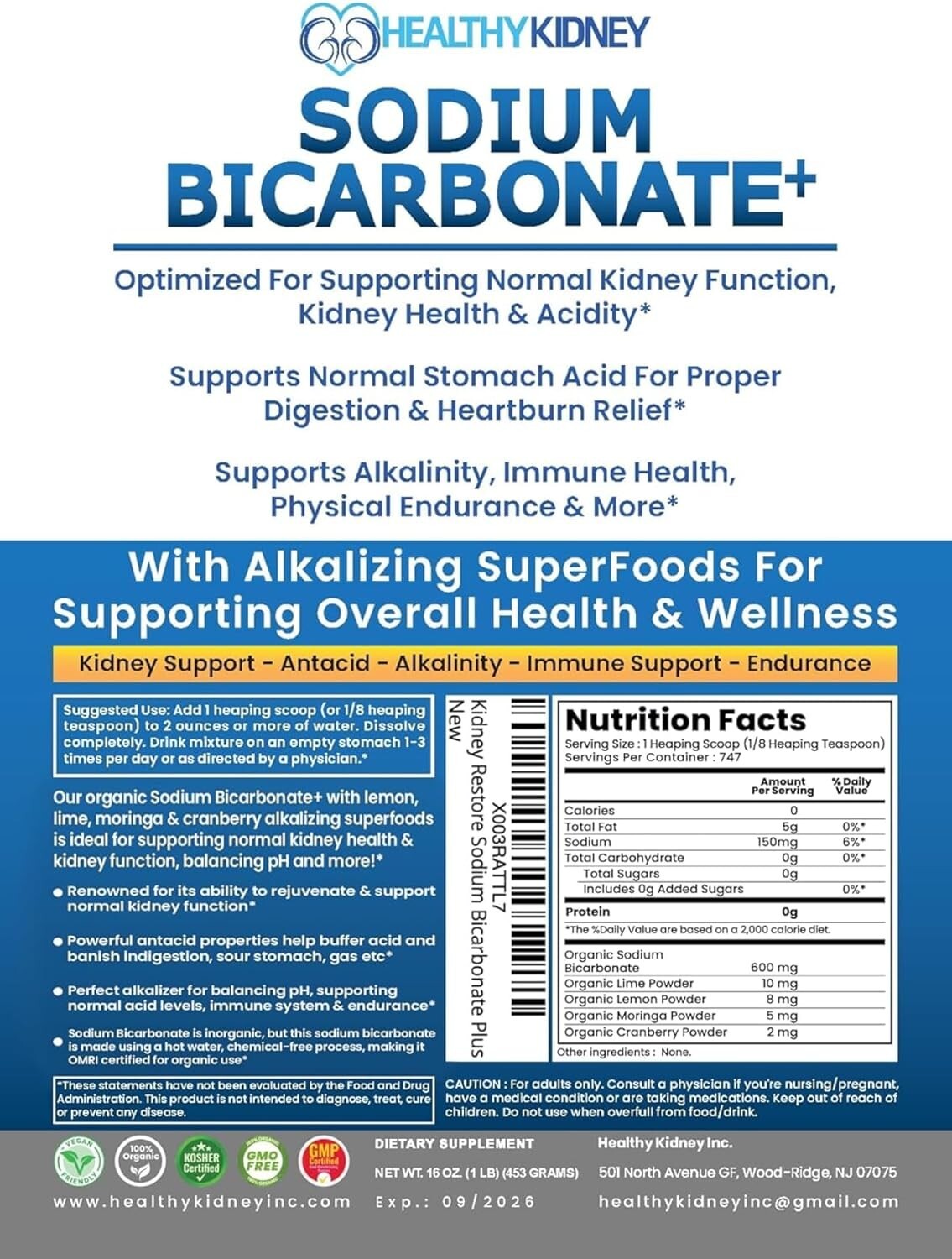 Organic Use Sodium Bicarbonate Alkaline Supplement Kidneys Stomach Powder 1LB