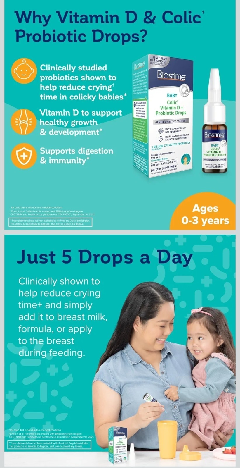 Biostime Baby Colic Vit D3 + Probiotic Drops Flavorless Non-GMO .27oz Exp 06/27