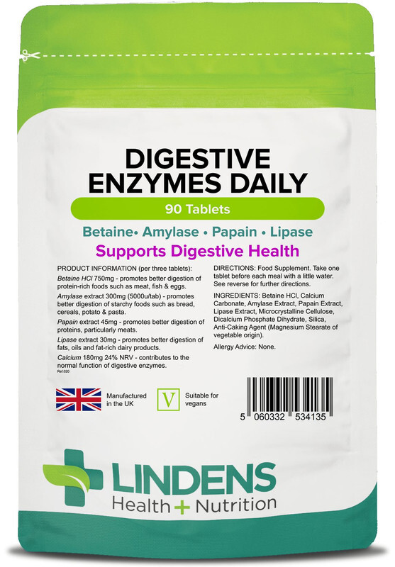 Lindens Digestive Enzymes Daily Tablets W/ Betaine Hcl Amylase Papain Lipase