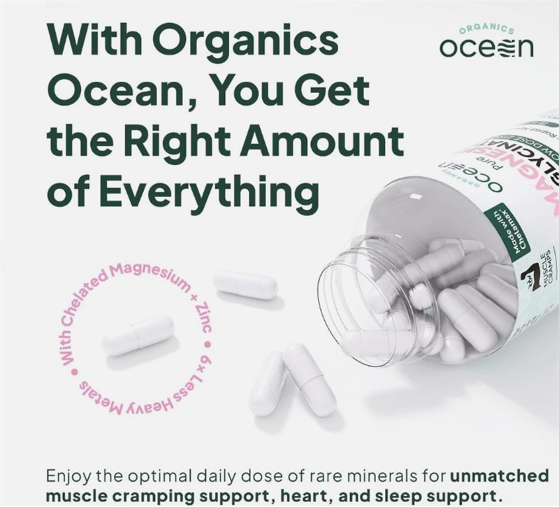 Organics Ocean Pure Magnesium Glycinate with Zinc -Strength Chelated- 90Count