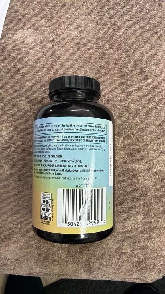 Saw Palmetto – Whole Herb Herbal Supplement 450 mg – 250 count Exp 06/27