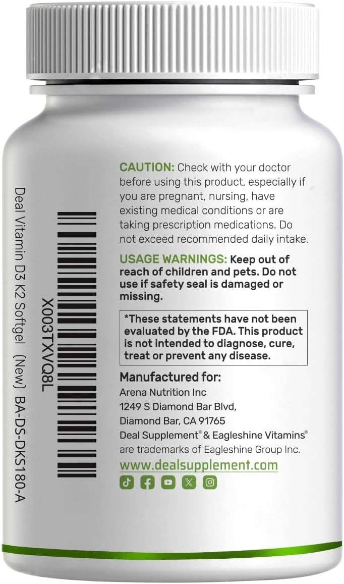 DEAL SUPPLEMENT Vitamin D3 5,000 IU + K2 MK7 Softgels,250 Count | 2-in-1 Complex