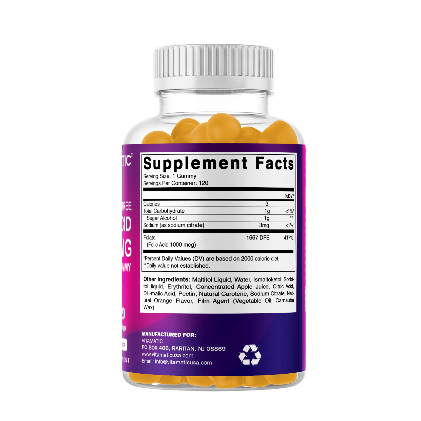 Vitamatic Folic Acid Gummies 1000 mcg (1 mg) Vitamin B9 – 120 Vegan Gummies