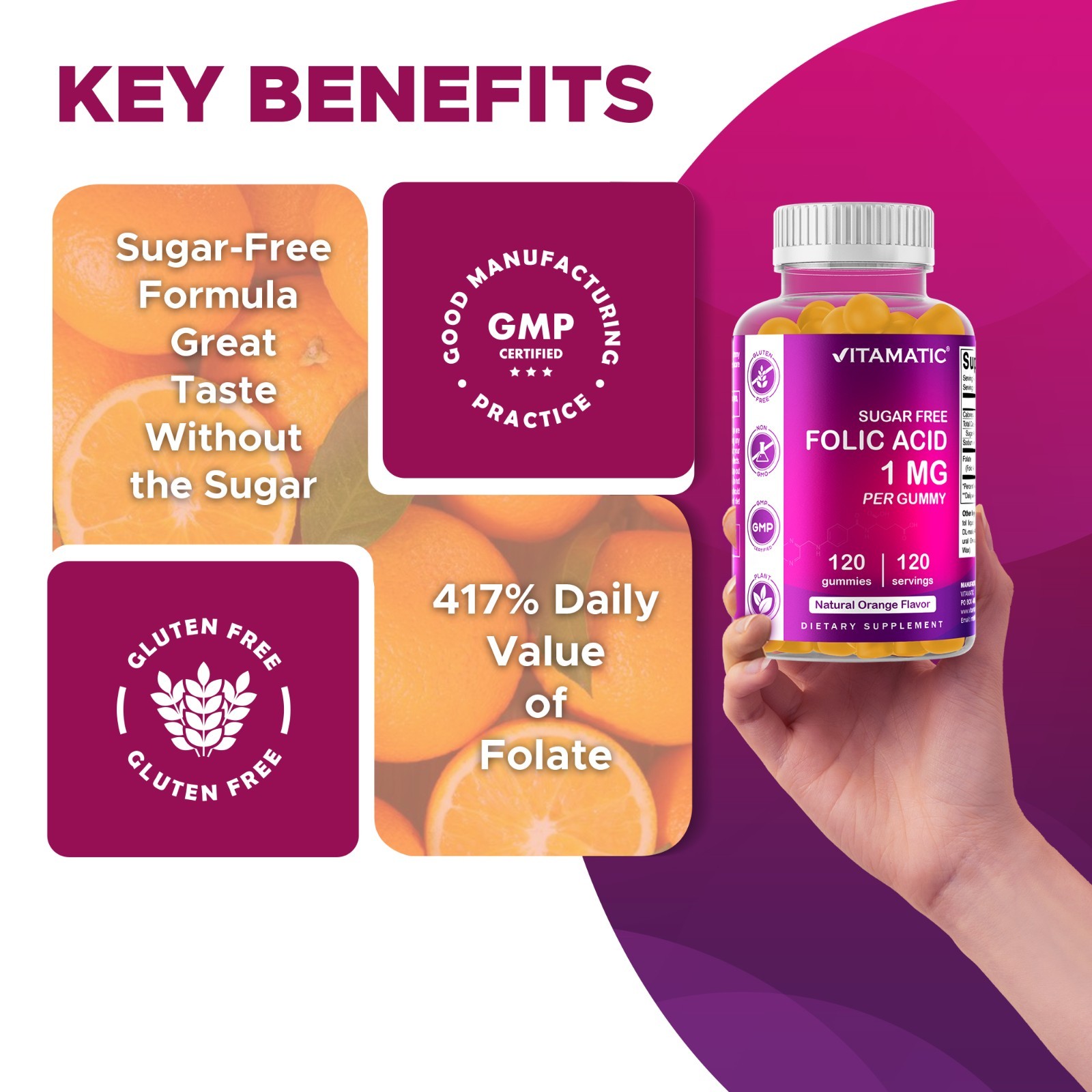 Vitamatic Folic Acid Gummies 1000 mcg (1 mg) Vitamin B9 – 120 Vegan Gummies