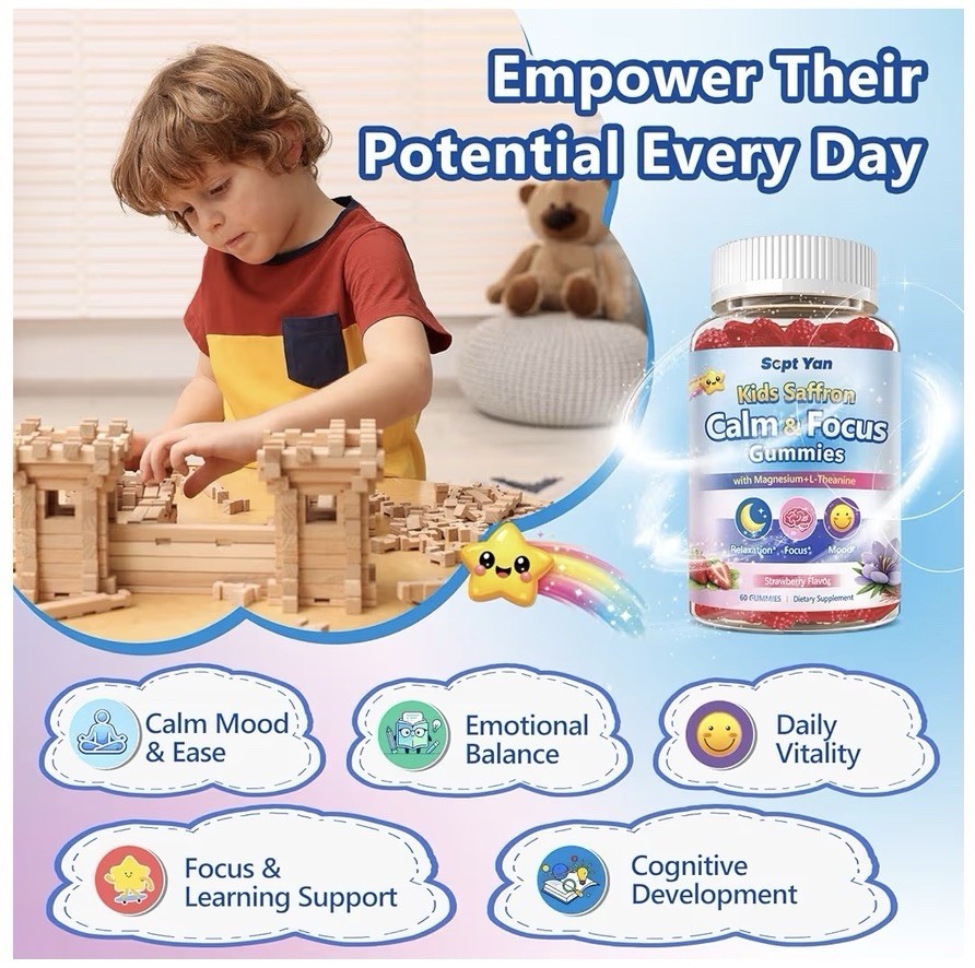 Scpt Yan Kids Saffron Calm & Focus Gummies Strawberry 60 Count Sugar-Free Vegan