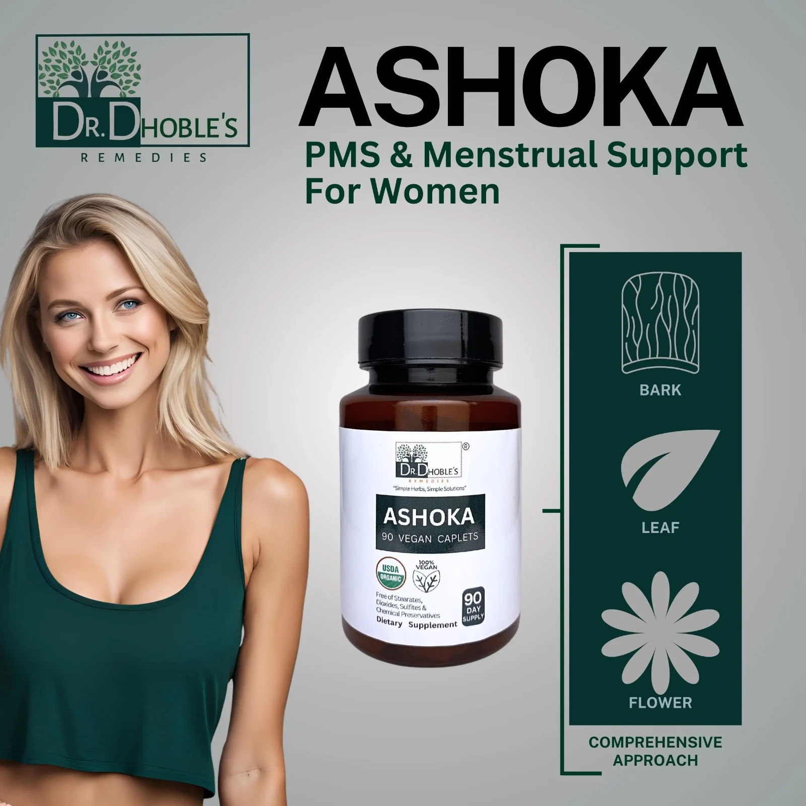 USDA Organic Ashoka Caplets, Menstrual Health & PMS Support Herbal Supplement