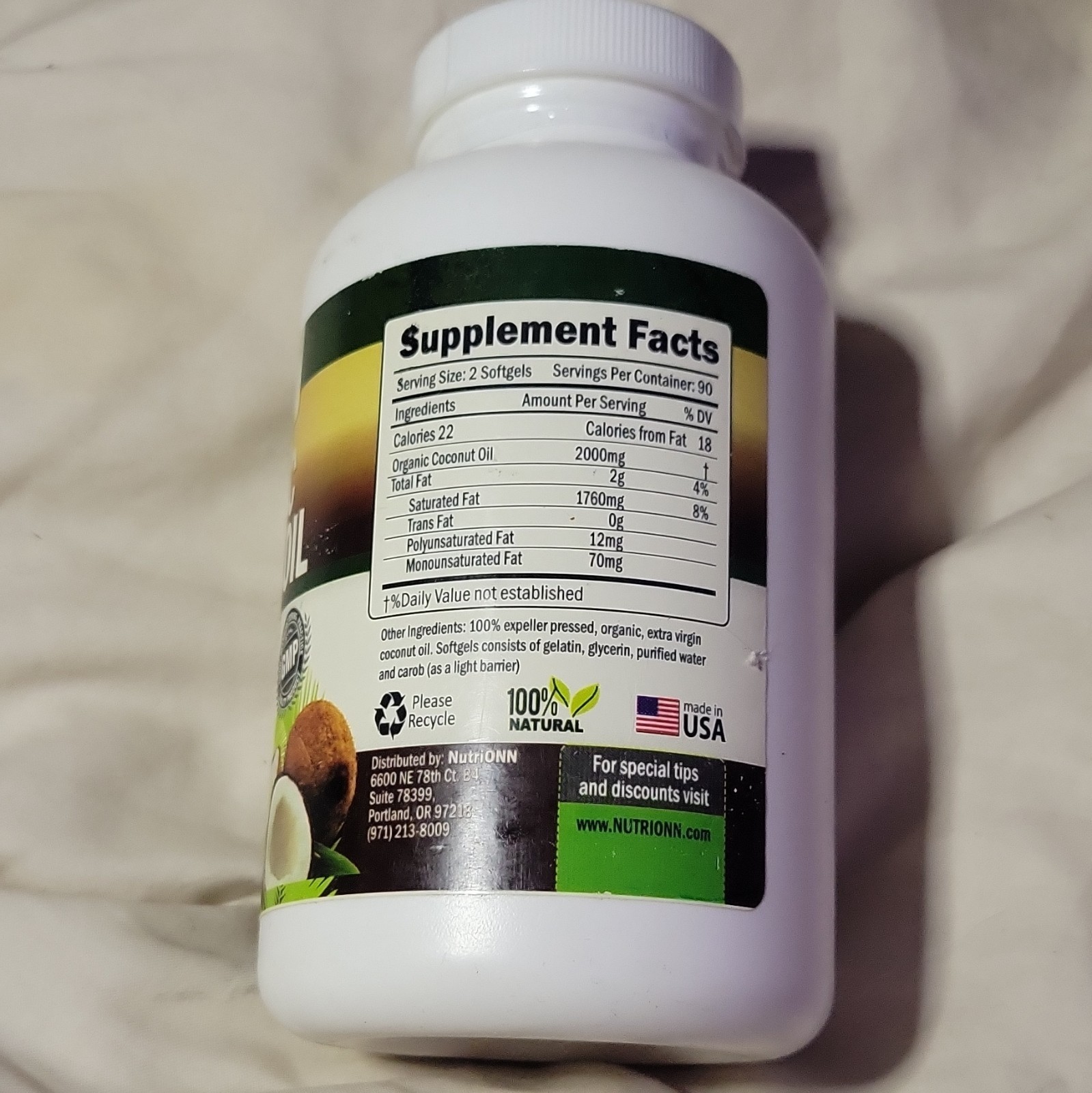 NutriONN Organic Extra Virgin Coconut Oil Softgels 1000mg 180 Energy Support