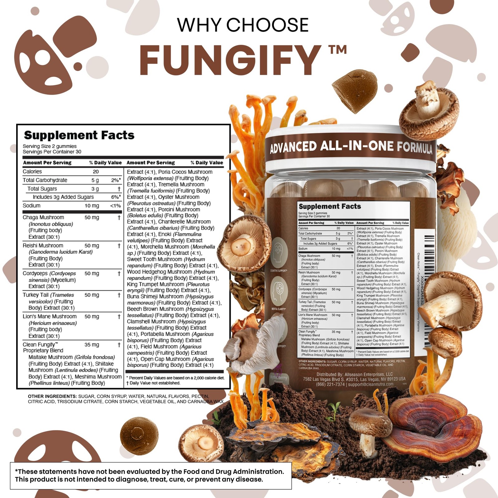 Clean Nutra Lions Mane Mushroom Gummies Cordyceps 60 Count (Pack of 1), Brown