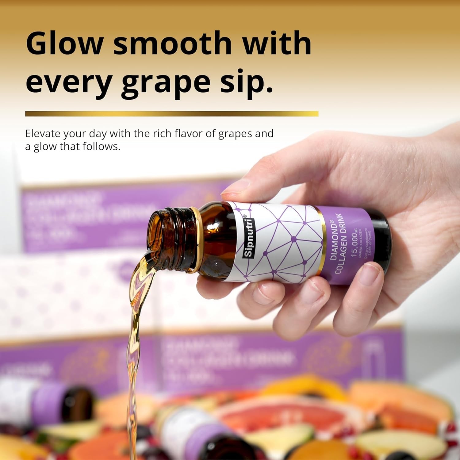 Marine Collagen Peptides Liquid 15g for Women and Men 10 Bottles, Grape Flavor